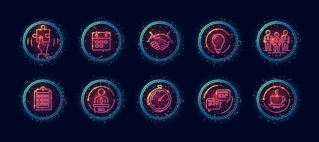 Conjunto de iconos vectoriales 10 en 1 relacionados con el tema de la conferencia. Iconos vectoriales lineales en estilo geométrico resplandor de neón con partículas aisladas sobre fondo.