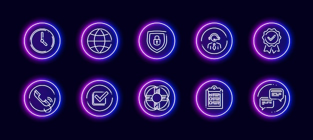 Conjunto de iconos vectoriales 10 en 1 relacionados con el tema de discusión. Iconos vectoriales lineales en estilo neón resplandor aislado sobre fondo.