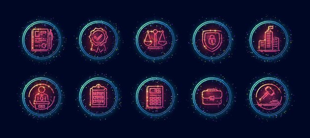Conjunto de iconos vectoriales 10 en 1 relacionados con el tema del juicio. Iconos vectoriales lineales en estilo geométrico resplandor de neón con partículas aisladas sobre fondo.