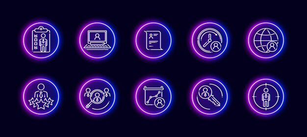 Conjunto de iconos vectoriales 10 en 1 relacionados con el tema de recursos humanos. Iconos vectoriales lineales en estilo neón resplandor aislado sobre fondo.