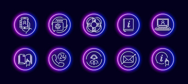 Conjunto de iconos vectoriales 10 en 1 relacionados con el tema de soporte al cliente. Iconos vectoriales lineales en estilo neón resplandor aislado sobre fondo.