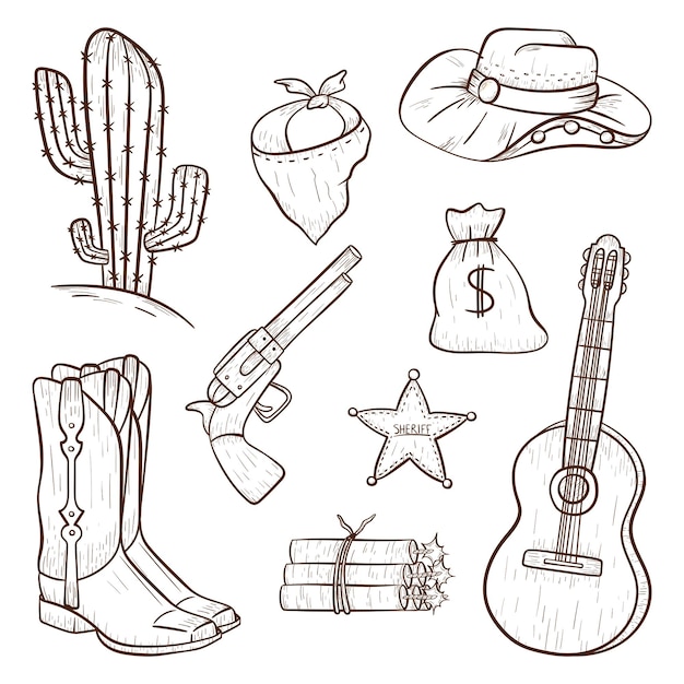 Conjunto de iconos vectoriales aislados en estilo rústico. Elementos de diseño de vaquero en estilo de arte lineal. Esquema de pegatinas de decoración o impresión del salvaje oeste.