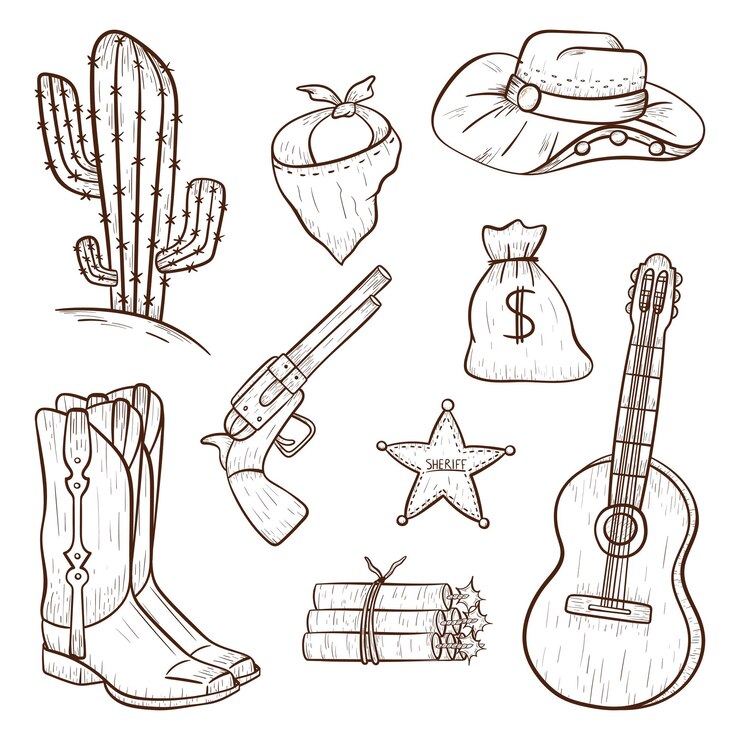 Vector conjunto de iconos vectoriales aislados en estilo rústico. elementos de diseño de vaquero en estilo de arte lineal. esquema de pegatinas de decoración o impresión del salvaje oeste.