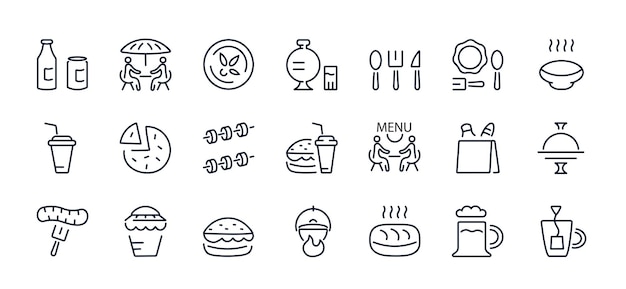 Un conjunto de iconos vectoriales de alimentos y bebidas de línea delgada Cocina de alimentos