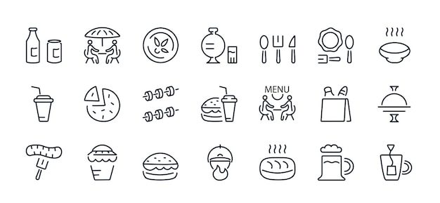 Vector un conjunto de iconos vectoriales de alimentos y bebidas de línea delgada cocina de alimentos