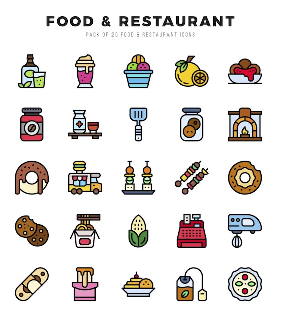 Vector conjunto de iconos vectoriales de alimentos y restaurantes iconos de estilo de color lineal