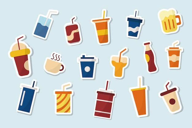 Conjunto de iconos vectoriales de bebidas y bebidas Conjunto de pegatinas de bebidas y bebidas Ilustración dibujada a mano