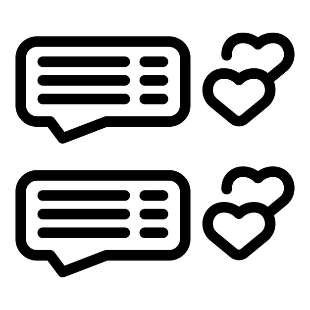Conjunto de iconos vectoriales en blanco y negro que representan mensajes de texto y formas de corazón que representan la comunicación amorosa