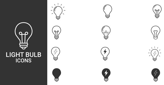 Conjunto de iconos vectoriales de bombilla Símbolo de energía eléctrica de la bombilla Ilustración vectorial