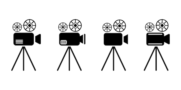 Vector conjunto con iconos vectoriales de cámaras de video pictogramas de videocámara negra letrero de película de cine