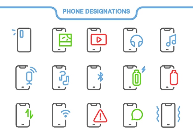 Conjunto de iconos vectoriales Colección de designaciones de teléfono cámara de fotos audio video auriculares micrófono transferencia de datos batería llena vacía wifi bluetooth atención nuevo mensaje vibro notificación