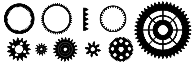 Conjunto de iconos vectoriales de configuración de engranajes Concepto de progreso o construcción Mecanismo de engranajes negro aislado