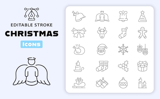 Conjunto de iconos vectoriales de contorno festivo de Navidad Iconos de celebración de vacaciones de invierno