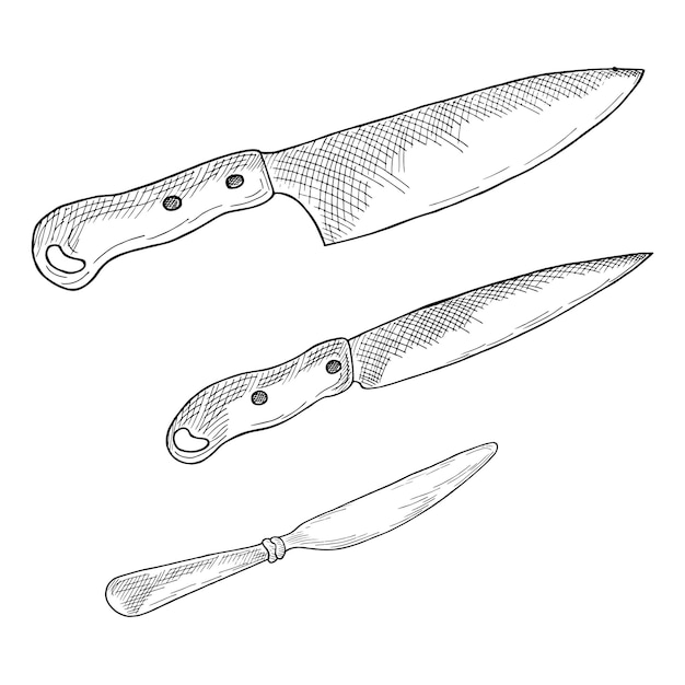 Un conjunto de iconos vectoriales de cuchillos de cocina dibujados a mano