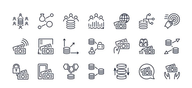 Un conjunto de iconos vectoriales de una delgada línea de dinero y finanzas
