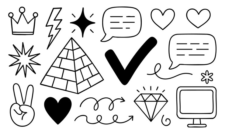 Conjunto de iconos vectoriales dibujados a mano con burbujas de habla corazones corona diamante pirámide paz