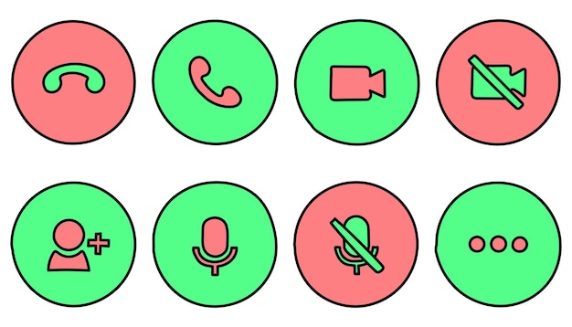 Conjunto de iconos vectoriales dibujados a mano para llamadas telefónicas de estilo doodle.