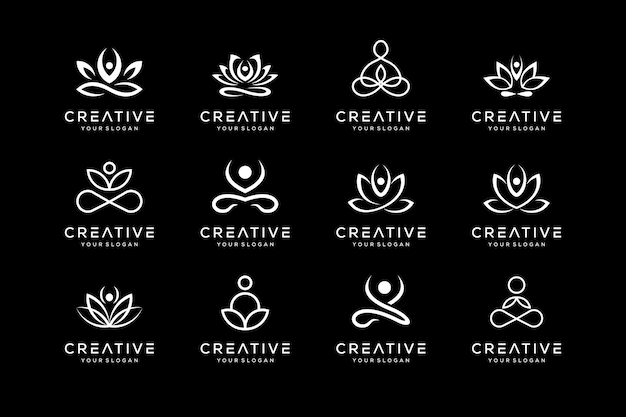 Conjunto de íconos vectoriales de diseño de logotipos de yoga y spa para negocios de lujo elegante simple en color blanco