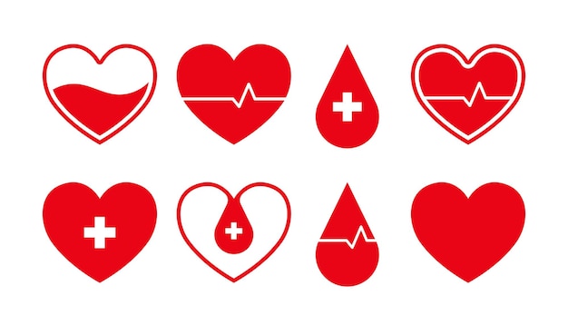 El conjunto de iconos vectoriales de donación de sangre roja aislada Caridad Compartición de sangre Cuidado de la salud y elementos gráficos de voluntariado Símbolo
