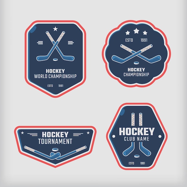 Conjunto de iconos vectoriales con escudo deportivo de hockey sobre hielo insignia de deportes de invierno y emblema retro sobre fondo blanco