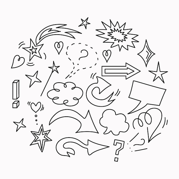 Conjunto de iconos vectoriales en estilo garabato estrellas signos de interrogación signo de exclamación