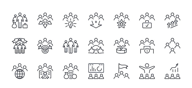 Un conjunto de iconos vectoriales de éxito y logros en el trabajo en equipo