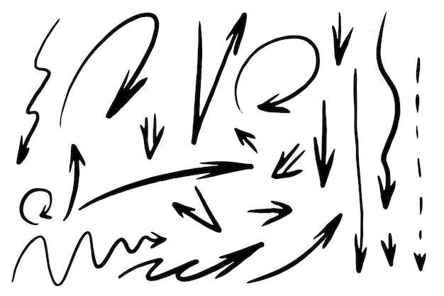 El conjunto de iconos vectoriales de flechas de Doodle El marcador de Doodles dibujando trazos de tiza negra Indicadores de dirección