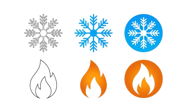 Conjunto de iconos vectoriales fríos y calientes sobre fondo blanco, concepto de invierno y verano