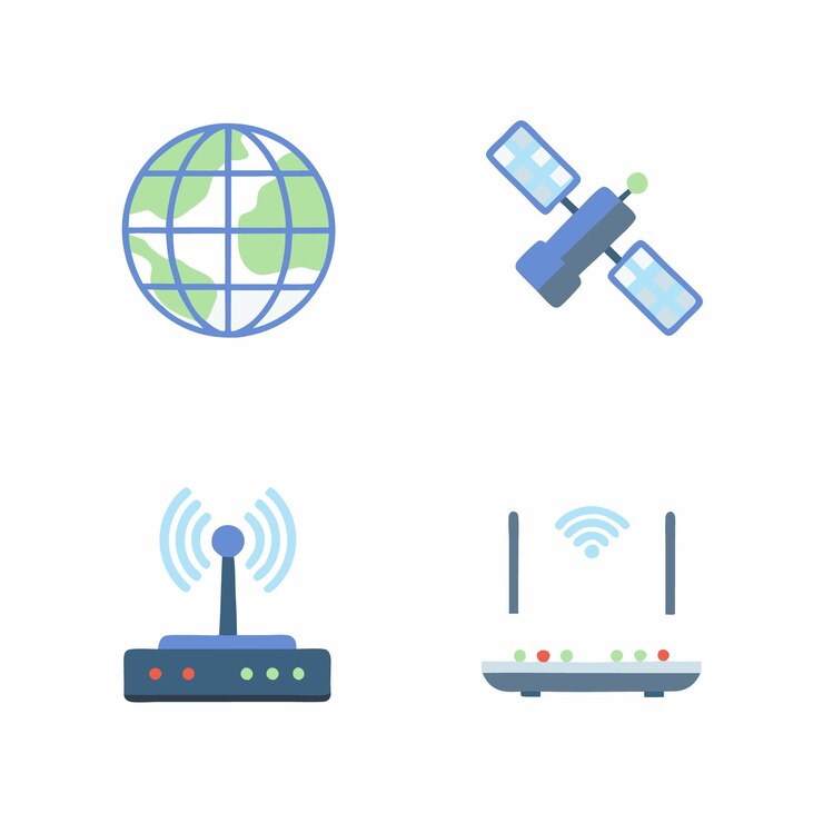 Vector conjunto de íconos vectoriales globales de comunicaciones por satélite, internet y redes para temas tecnológicos