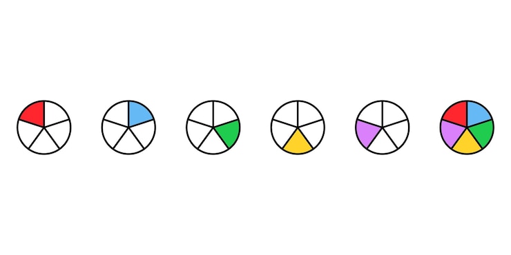 Vector conjunto de iconos vectoriales de gráficos de pastel segmentos en círculo con 1 a 5 piezas diagrama redondo de colores