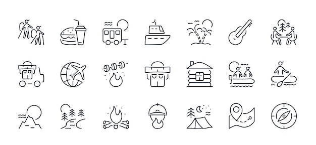 Un conjunto de iconos vectoriales hechos de línea delgada para viajes y ocio Vida silvestre y turismo