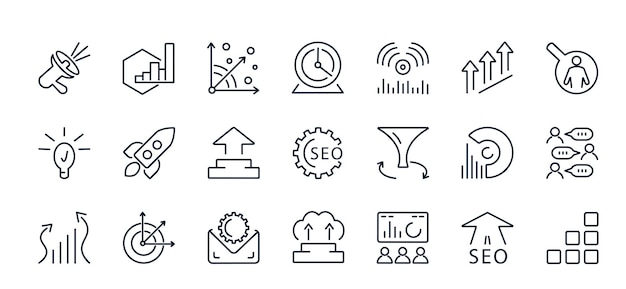 Vector un conjunto de iconos vectoriales de una línea delgada de datos estadísticos de análisis seo