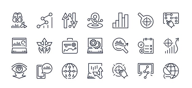 Un conjunto de iconos vectoriales de una línea delgada de datos estadísticos de análisis SEO