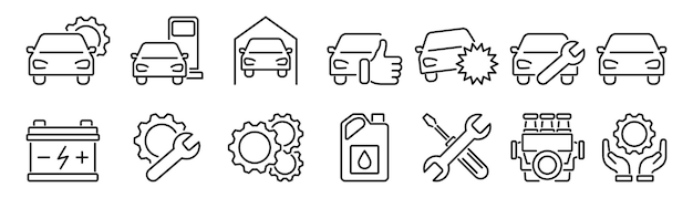 Conjunto de iconos vectoriales de línea de servicio y reparación de automóviles