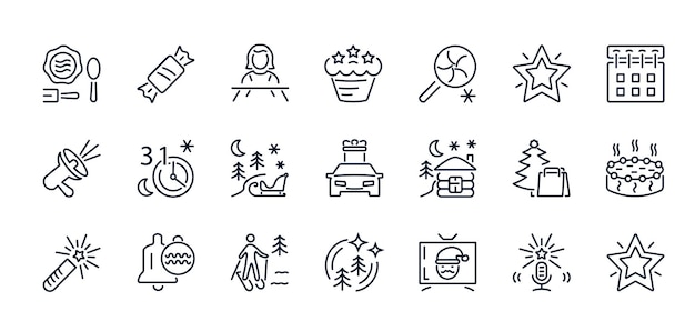 Vector un conjunto de iconos vectoriales lineales para las vacaciones de navidad de año nuevo