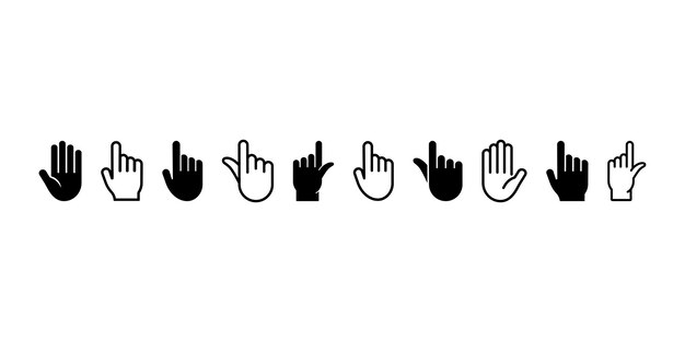 Conjunto de iconos vectoriales de la mano del puntero Cursor del dedo Empujar o tocar aquí Vector 10 Eps