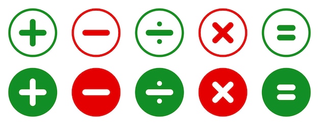 Conjunto de iconos vectoriales matemáticos en color verde y rojo aislados más menos multiplicar dividir y símbolo de igual conjunto de iconos matemáticos iconas matemáticas calculadoras ilustración vectorial de estilo plano