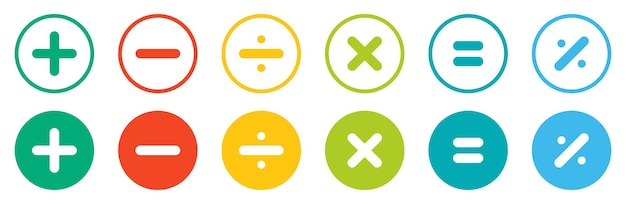 Conjunto de iconos vectoriales matemáticos en diferentes colores aislados más menos multiplicar dividir y símbolo de igual conjunto de iconos matemáticos iconas matemáticas calculadoras ilustración vectorial de estilo plano