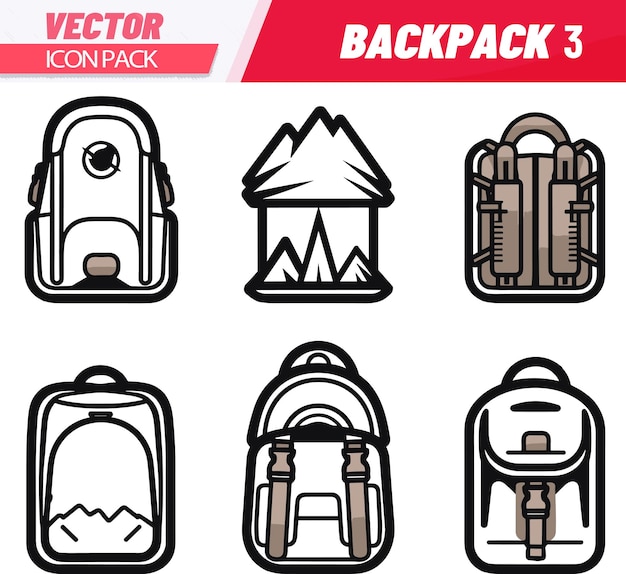 Conjunto de iconos vectoriales de mochilas y equipo de campamento