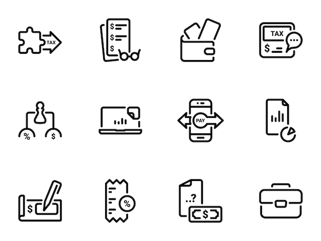 Conjunto de iconos vectoriales negros aislados contra un fondo blanco Ilustración sobre un tema Instrumentos fiscales y pagos