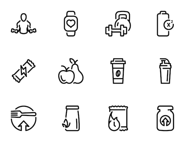 Conjunto de iconos vectoriales negros aislados sobre un fondo blanco sobre el tema de la nutrición deportiva dirigida al resultado