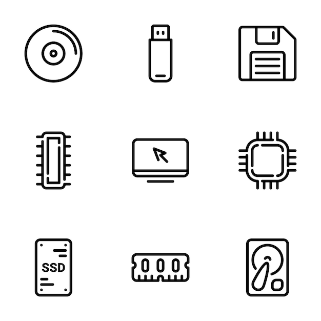 Conjunto de iconos vectoriales negros aislados sobre un fondo blanco en el tema Memoria de computadora