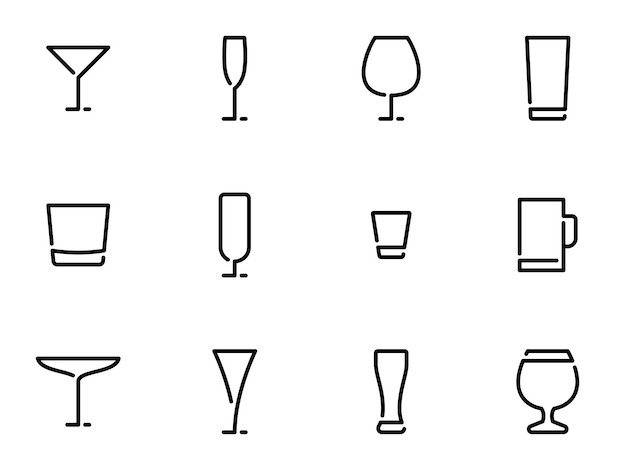 Conjunto de iconos vectoriales negros aislados sobre un fondo blanco en el tema Wineglass