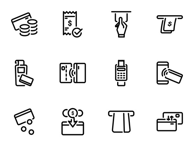 Conjunto de iconos vectoriales negros Ilustración sobre un tema Pagos con tarjeta y efectivo