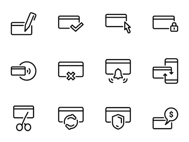Conjunto de iconos vectoriales negros Ilustración sobre un tema Pagos con tarjeta y efectivo