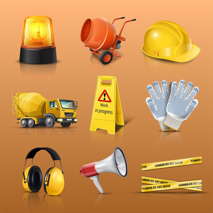 Vector conjunto de iconos vectoriales de obras de construcción advertencia de camión de casco de luz de advertencia