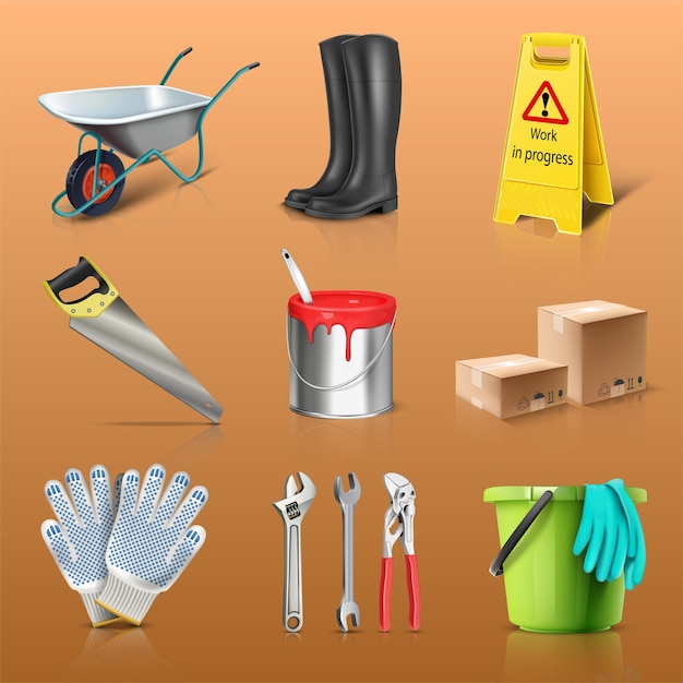 Conjunto de iconos vectoriales de obras de construcción Botas cubo de pintura guantes cajas