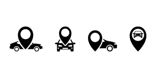 Conjunto de iconos vectoriales de pin de ubicación de automóviles Silueta negra con automóvil en el mapa