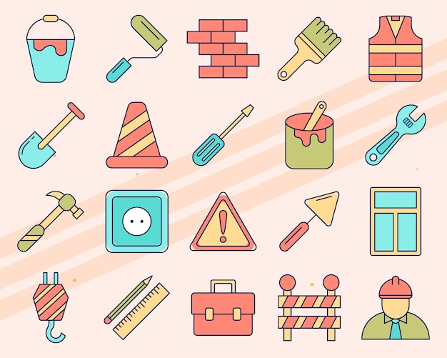 Conjunto de iconos vectoriales que representan elementos de construcción como ladrillos, cascos y martillos