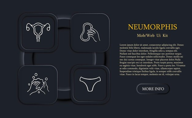 Conjunto de iconos vectoriales que representan la menstruación Período ciclo menstrual almohadilla menstrual tampón copa menstrual calendario Estilo neomorfismo Icono de línea vectorial